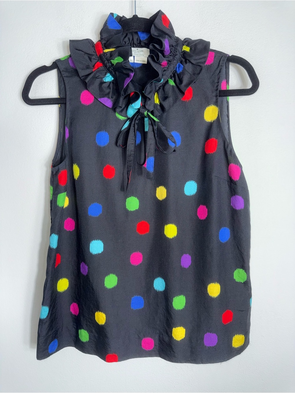 Kate Spade Cotton Silk Blend Sleeveless Blouse-Black Multicolor-Ruffle Neck-S